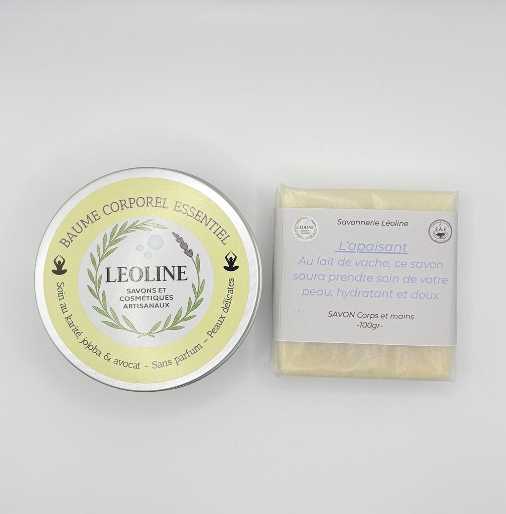 Duo Peaux délicates/Fragiles  – Savon L’Apaisant & Baume Corporel Essentiel