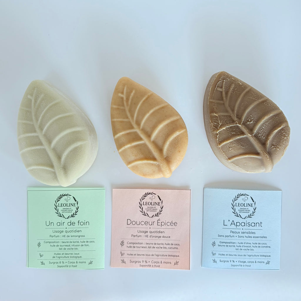 Coffret 3 Feuilles – Trio de savons artisanaux au lait de vache bio